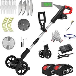 Cordless Weed Wacker Battery Powered Electric Weed Trimmer, with 2Pcs 21V Battery 5 Types Blades Lightweight Grass Trimmer Edger Lawn Tool, Push Wheeled No-String Trimmer for Garden Yard (Black)
