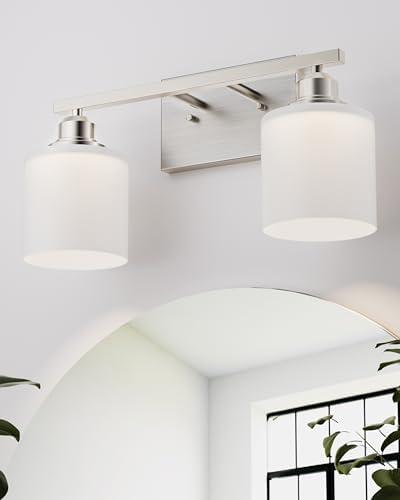 Sailstar Bathroom Light Fixtures 2-Light, Brushed Nickel Vanity Lights Fixtures, Modern Bathroom Vanity Light Over Mirror, Milky White Glass Shade & Anti-Rust Nickel Finished, Small Bathroom Light