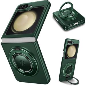 Samsung Galaxy Z Flip 5 Case with 360 Rotatable Magnetic Ring Stand, Compatible with Mag-Safe, Slim Thin Matte PC Shockproof Protective Phone Case for Women Men, Green