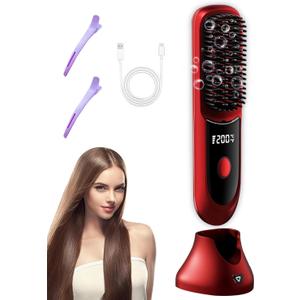 Go Brush Pro Hair Straightener  Cordless Comb with Negative Ion, 6000mAh Fast Heating & Portable Travel Design, Rechargeable Brush for Straightening and Curling (Red-1Pcs)