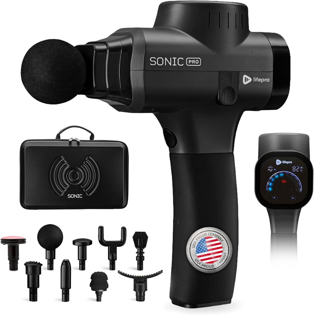 LifePro Sonic Pro Handheld Electric Massage Gun Deep Tissue Percussion Massager Gun with 10 Speeds & 9 Heads Muscle Massager for Athletes Back, Legs, Arms