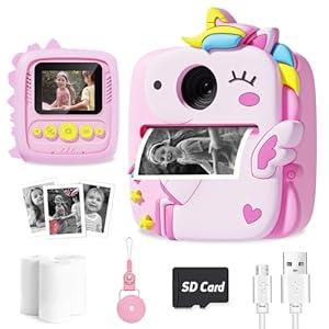 Kids Camera Instant Print, 1080P HD Digital Video Cameras for Kids with Print Paper & SD Card, Christmas Birthday Gifts for Girls Boys, Portable Unicorn Toys for 3-10 Year Old Girls Boys- Pink