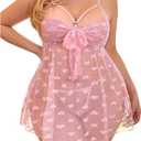 OYOANGLE Women's Plus Size Heart Print Bow Tie Front Sheer Chemise Nightgown 2 Piece Babydoll Lingerie Sleepwear (XXL)