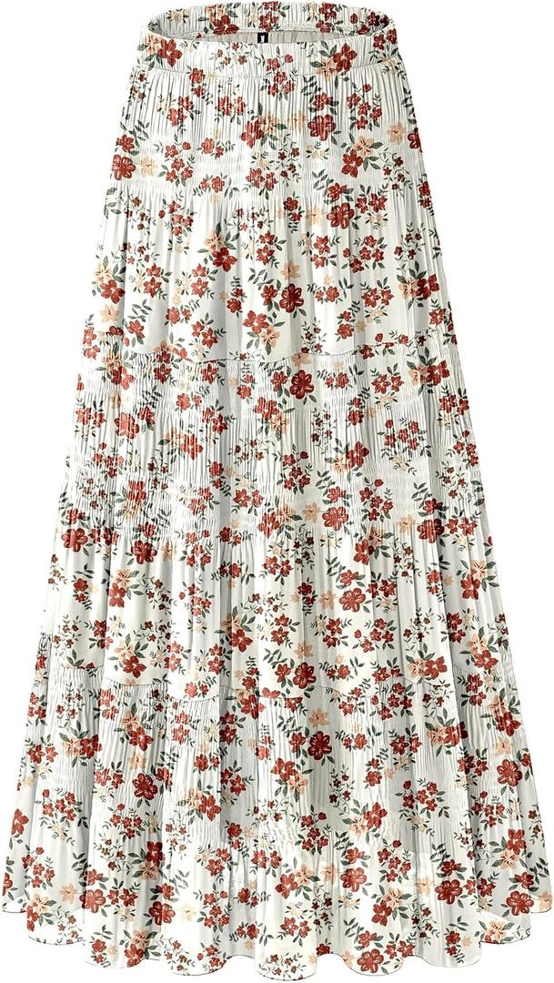 Women's Chiffon White Flowy Maxi Skirts Boho Fall Elastic Waisted Pleated A Line Long Skirt for Women 2025 S