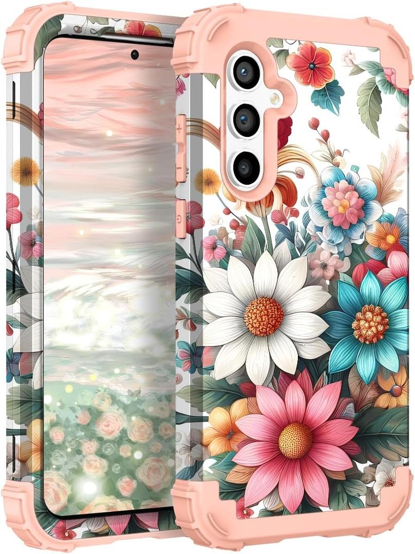 TEECOVER for Samsung Galaxy S25 Plus Case, Heavy-Duty Shockproof Full Protection Hard Plastic Bumper + Soft Silicone Rubber Protective Case for Galaxy S25 Plus 6.7-Inch, White/Pink Flowers