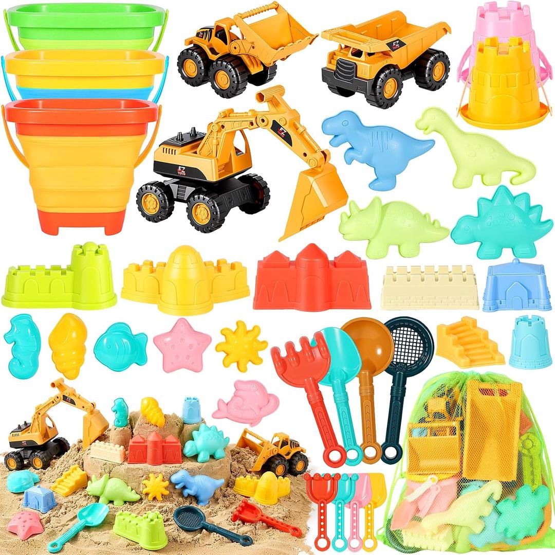 Beach Toys for Kids 35PCS Sand Toys with 3 Collapsible Bucket,3 Dump Truck,Beach Shovel,Sand Castle Building Kit,Ocean Molds,Dinosaur Sand Molds, 2 Mesh Bag,Toddler Beach Essentials for Kids 3-10