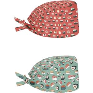 Babrukda 2 Pack Scrub Cap with Sweatband Adjustable Tie Back Turban Hat Headgear Beanie for Women Men Working Cap (One Size, Cute Sushi)