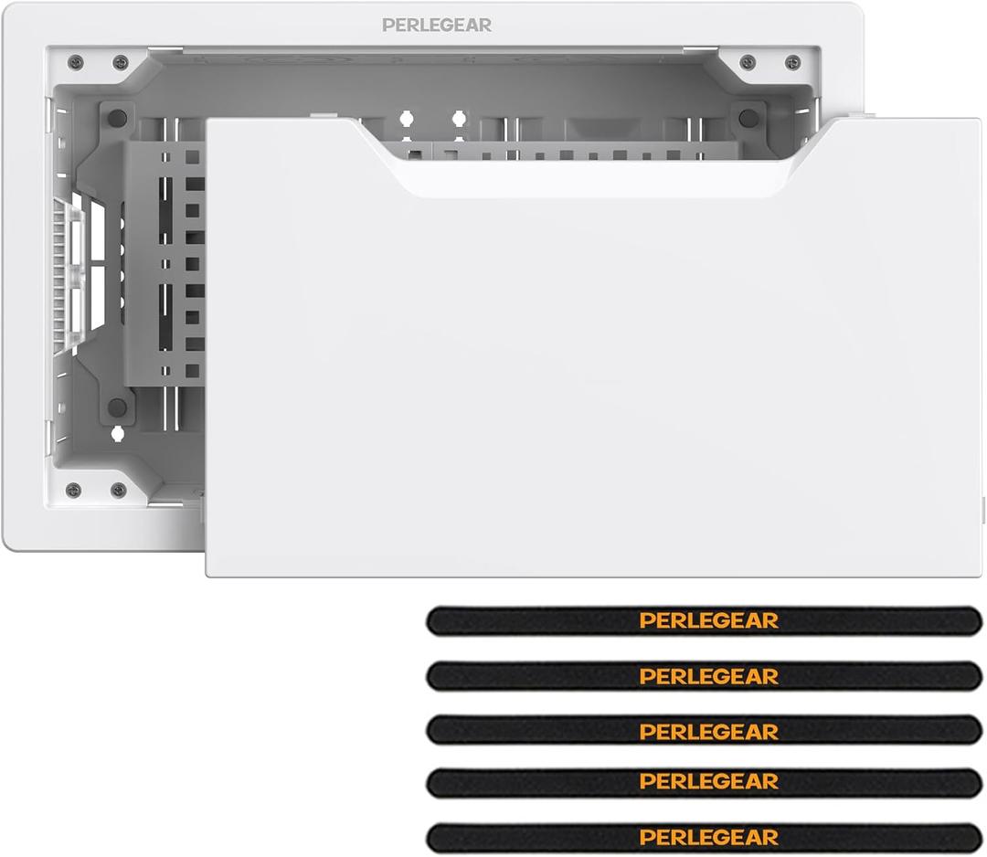 Perlegear 9 in-Wall Media Box, Electrical Box, Recessed Outlet Box and Media Enclosure for One Connect Box & Network Switches, Cable Management Kit with Cutting Template, Dust Bag & Drywall Saw