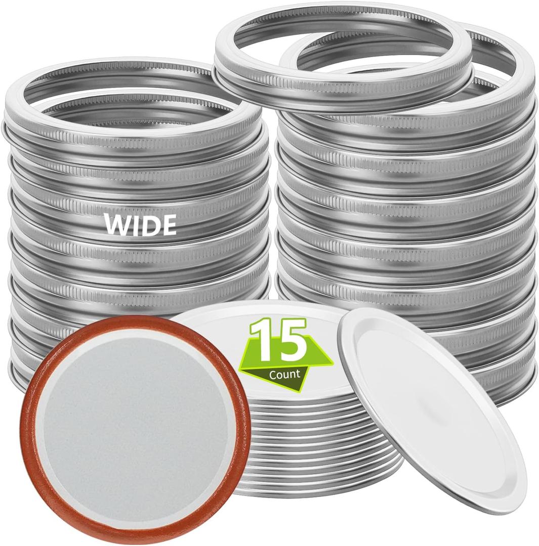 Silver 15Ring+15Lids 86mm/3.38" Canning Lids with Rings Wide Mouth for Canning Jars, Split Lids and Rings Food Grade Material, Fit & Airtight for Wide Mouth Jars (15)