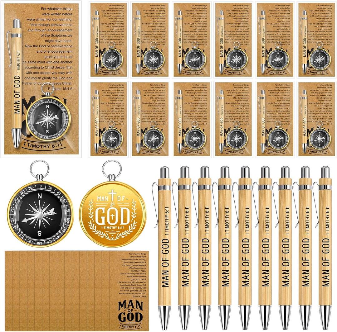 20 Sets Man of God Gifts for Men, Christian Faith Compass, Ballpoint Pens, Bible Verse Cards with Opp Bags, Religious Encouragement Gifts for Fathers, Pastor, Men of Faith