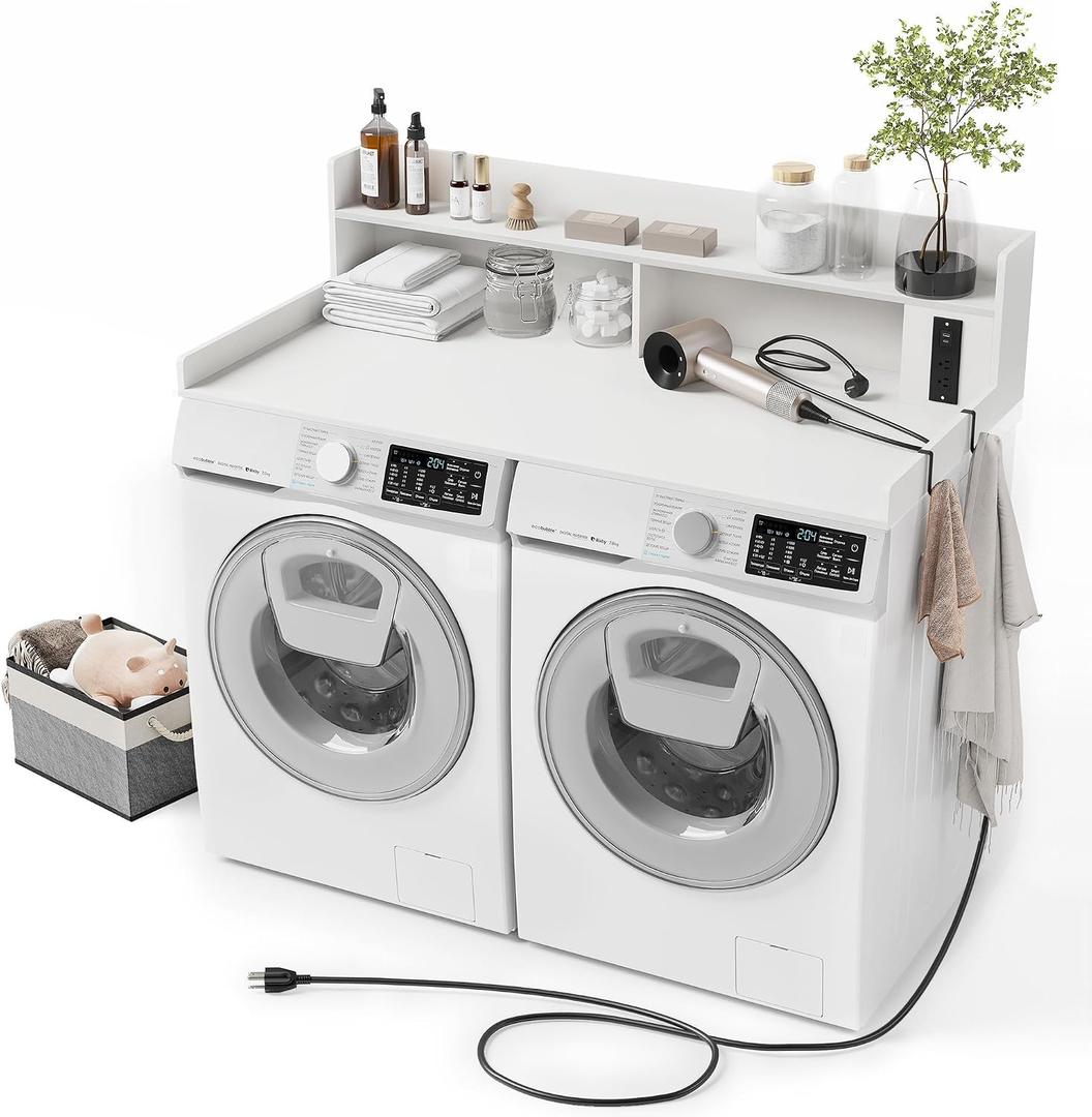 Washer Dryer Countertop 54''W Laundry Topper for Folding Clothes, White
2-Tier laundry countertop with power outlet, raised edge, non-slip pads, metal hooks and storage basket
