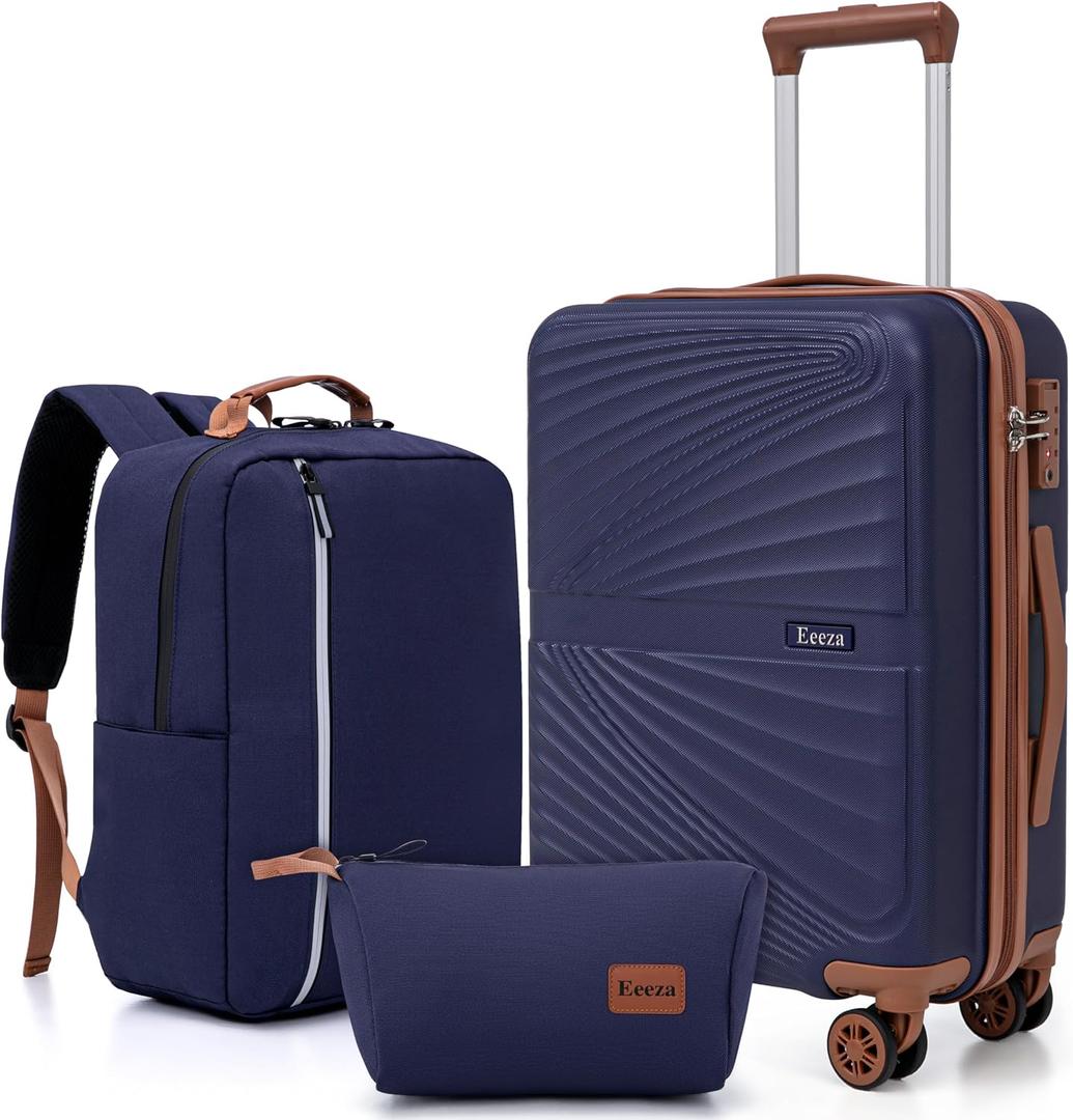 Carry On Luggage Set 22x14x9 Airline Approved Luggage Sets 3 Piece,Suitcases with Wheels,ABS Hard Case Luggage with TSA Lock Spinner Wheels(20 Inch,BP/TB)