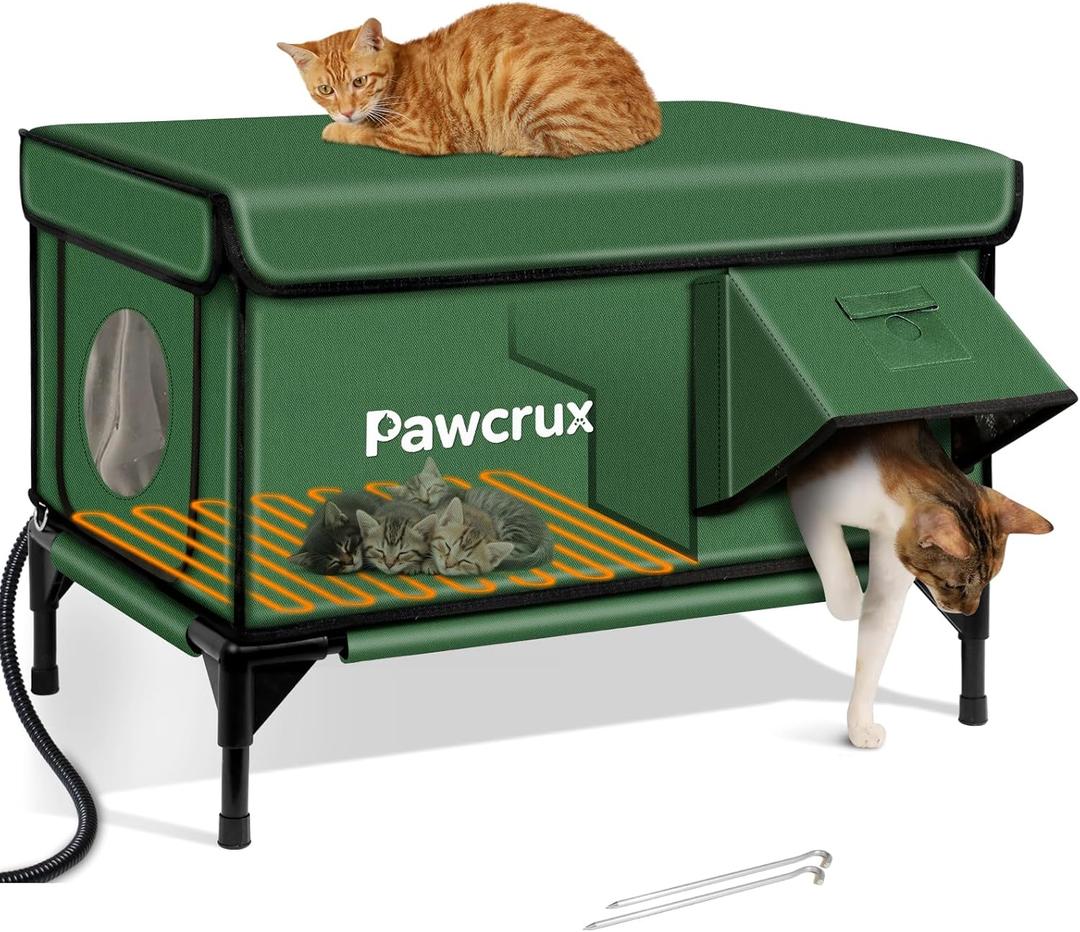 Weatherproof Heated Cat House for Outdoor in Winter, Heated Cat Bed Kitty Shelter with Cat Heating Pad, Insulated & Safe Escape Door, Warm House for Outside Stray Cat (Green, 17"x25"x17")