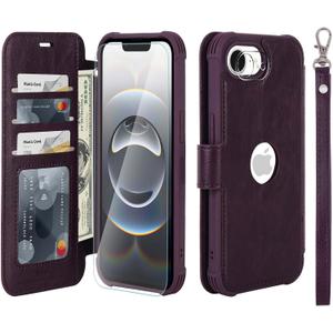 VANAVAGY Compatible for iPhone 16e Wallet Case, RFID Flip Shockproof Case with Card Holder Strap Kickstand, [Camera Lens & Screen Protector] PU Leather Phone Cover for Wireless Charging,Purple
