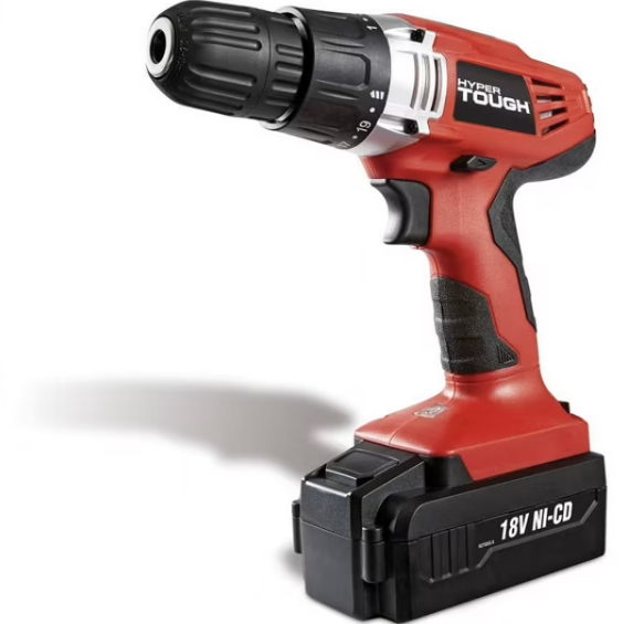 Hyper Tough 18V Cordless Drill, 3/8 inch Chuck, Variable Speed, with 1.2Ah Nickel Cadmium Battery, Charger, Bit Holder & LED Light (Red)