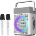 Karaoke Machine with 2 UHF Wireless Microphones with Leather Bag, IPX4 Waterproof Portable Bluetooth Speaker with Lights for Adults, Outdoor Karaoke Speaker Support Bluetooth/AUX/USB/PC (White)