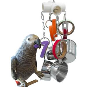 Durable Bird Parrots Pots and Bagel Toys, Pullable Stainless Steel Cup and Cardboard Ring Toys for Amazons Mini Macaws African Greys Cockatoos Eclectus
