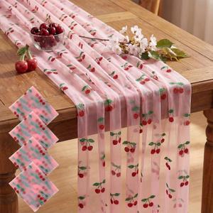 4 Pcs Cherry Table Runner 29 x 70 inch Pink Glitter Tulle Lace Cloth Rectangle Fruit Table Cover for Cherry Summer Birthday Baby Shower Wedding Party Home Kitchen Decor