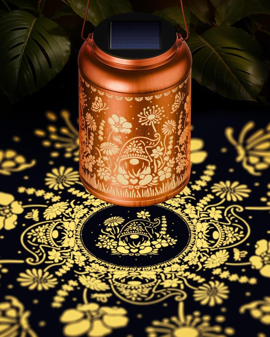 Gnome Solar Lantern Outdoor Waterproof Hanging Solar Lights for Outside,Hollow Out Metal Garden Decor for Outside Gnomes Decorations for Yard Housewarming Gifts for Women