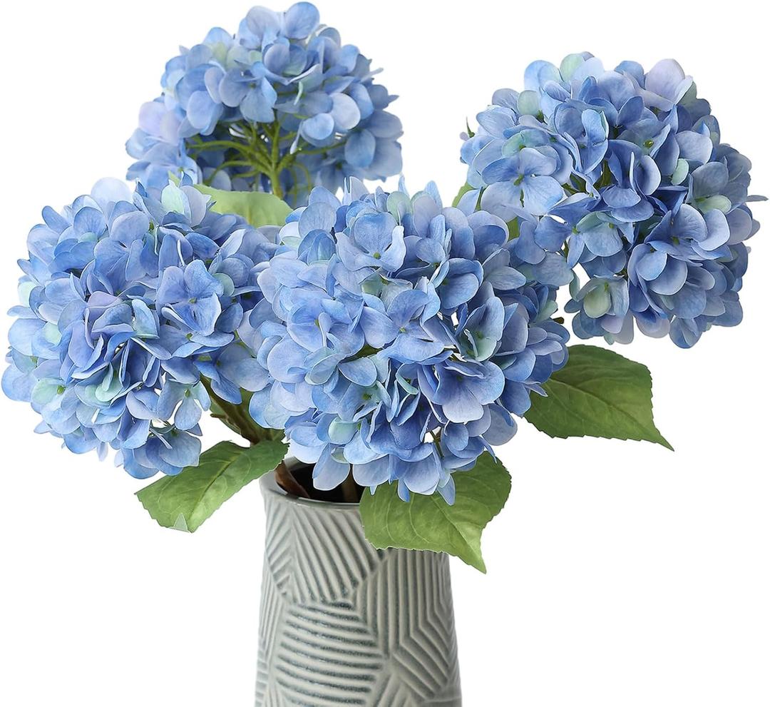 mizii 4Pcs Blue Artificial Hydrangea Flowers Large Fake Silk Hydrangea Flower with Leaves Stems Realistic Faux Hydrangeas Decorations for Wedding Table Centerpieces Vase Home Decor (Blue)