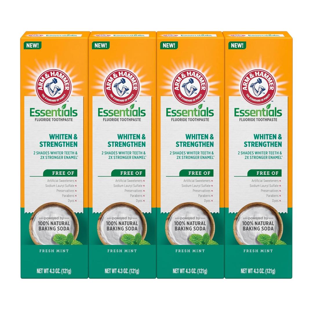 ARM & HAMMER Essentials Whiten & Strengthen Fluoride Toothpaste-4 Pack of 4.3oz Tubes, Fresh Mint- 100% Natural Baking Soda- Fluoride Toothpaste