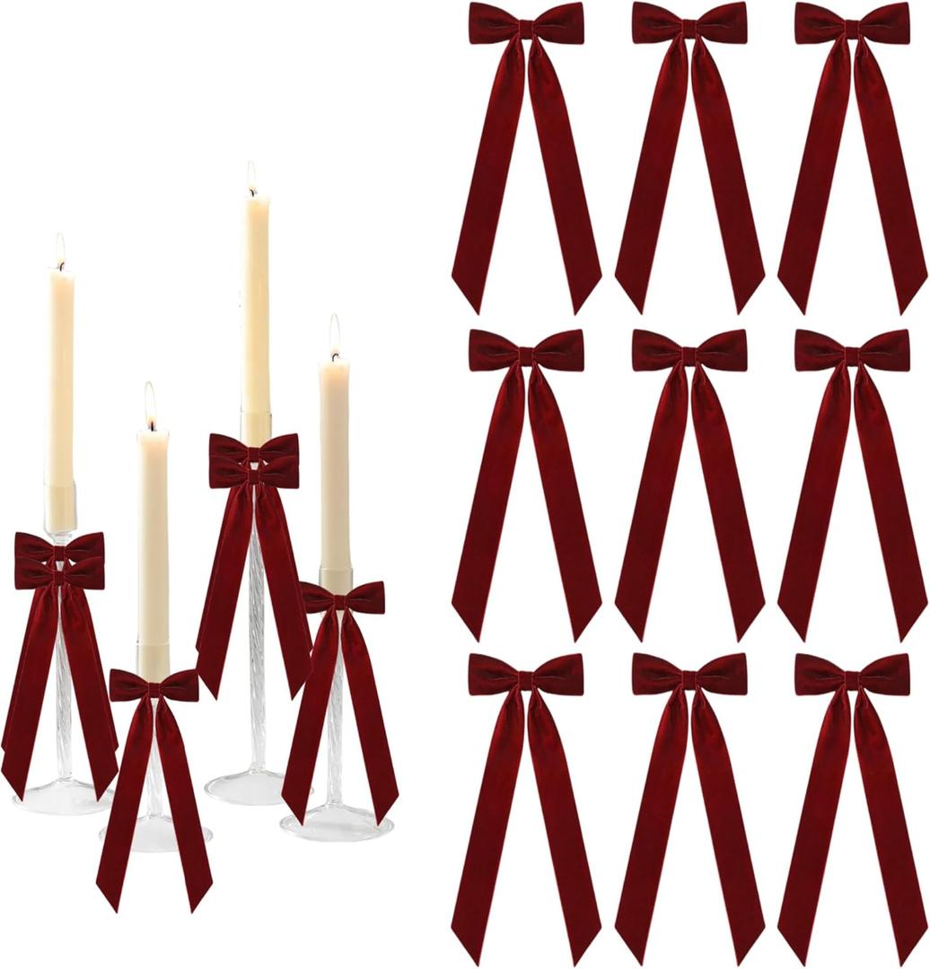 Meseey 12 Pcs Burgundy Candlestick Decoration Bows Candle Holder with 5X13.5 Inch Decorative Velvet Bows for Bridal Showers, Birthdays Centerpieces Table Decor(Burgundy)