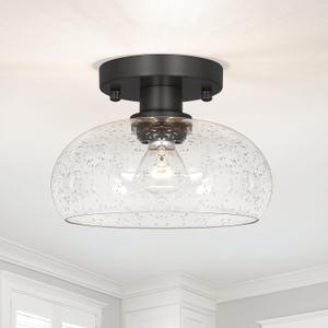 Classic Black Hallway Light Fixture - 8 Inch Round Semi Flush Mount Ceiling Light with Seeded Glass Shade, Mid-Century Style Close to Ceiling Design for Entryways & Corridors