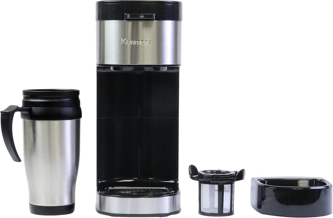 Kenmore Single Serve Coffee Maker 612 Oz Brew Sizes, Compatible with Keurig KCup Pods & Ground Coffee, One Cup Brewer, Travel Mug Friendly, Auto ShutOff, Hot & Iced Coffe Machine, Black