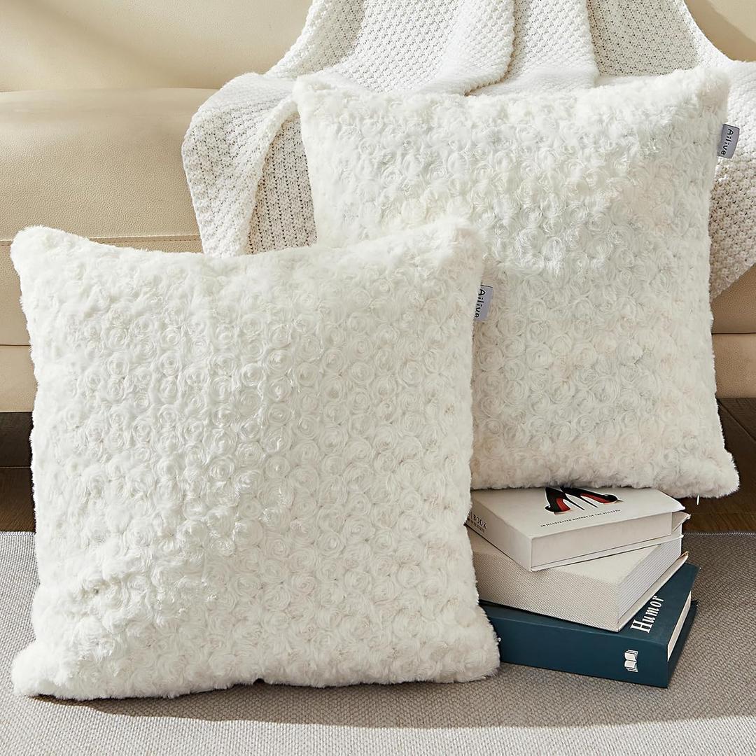 18 x 18 Ivory02 Pillow Covers Couch Throw Pillow Cases for Living Room Bed Room Faux Rabbit Fur with Rose Pattern Square Cream White 02 Cushion Covers for Bed Couch Sofa Chairs