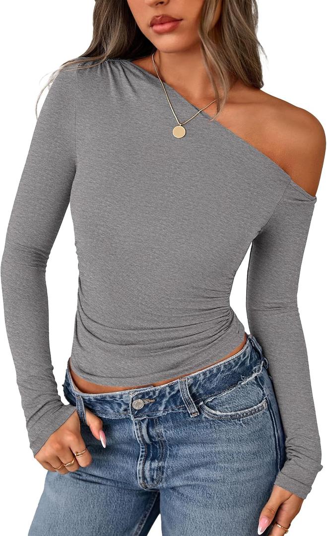 PRETTYGARDEN Womens Off the Shoulder Long Sleeve Shirts | Soft Stretchy Knit Blouse, Slim Fit Asymmetrical Tees, Ruched Going Out Y2K Tops, Spring Fall Trendy Clothes for Date Night (Gray, S)