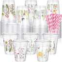 FoldTier 100 Pcs Wildflower Cups Plastic with Lids and Straws 12 oz Disposable Floral Drinking Cups for Tea Party Wedding Love in Bloom Baby Shower Bridal Shower Wild Flower Graduation Supplies