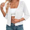 Kate Kasin Women's Cropped Cardigan Sweaters Trendy Lightweight 3/4 Sleeve Button Down Crochet Textured Shrugs Top, Small