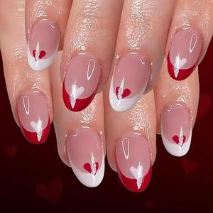 Valentines Press on Nails Short Oval Fake Nails with Red White Heart Designs French Tip False Nail Romantic Glossy Stick on Nail for Women 24 Pcs