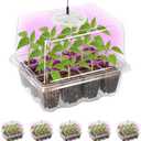 Bonviee 5 Packs Seed Starter Tray with Grow Light, Elevated Seedling Starter Trays Kits with Adjustable Humidity Domes and Clear Cell Tray, 12 Full Spectrum led lamp Beads for Plants Indoor-Clear