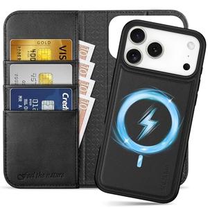 SHIELDON Detachable Genuine Leather Case Wallet for iPhone 17 Pro Max 6.9" | Wireless Charging, Folio Magnetic Closure, Kickstand, RFID Blocking Card Holder, Removable Shockproof Cover - Black