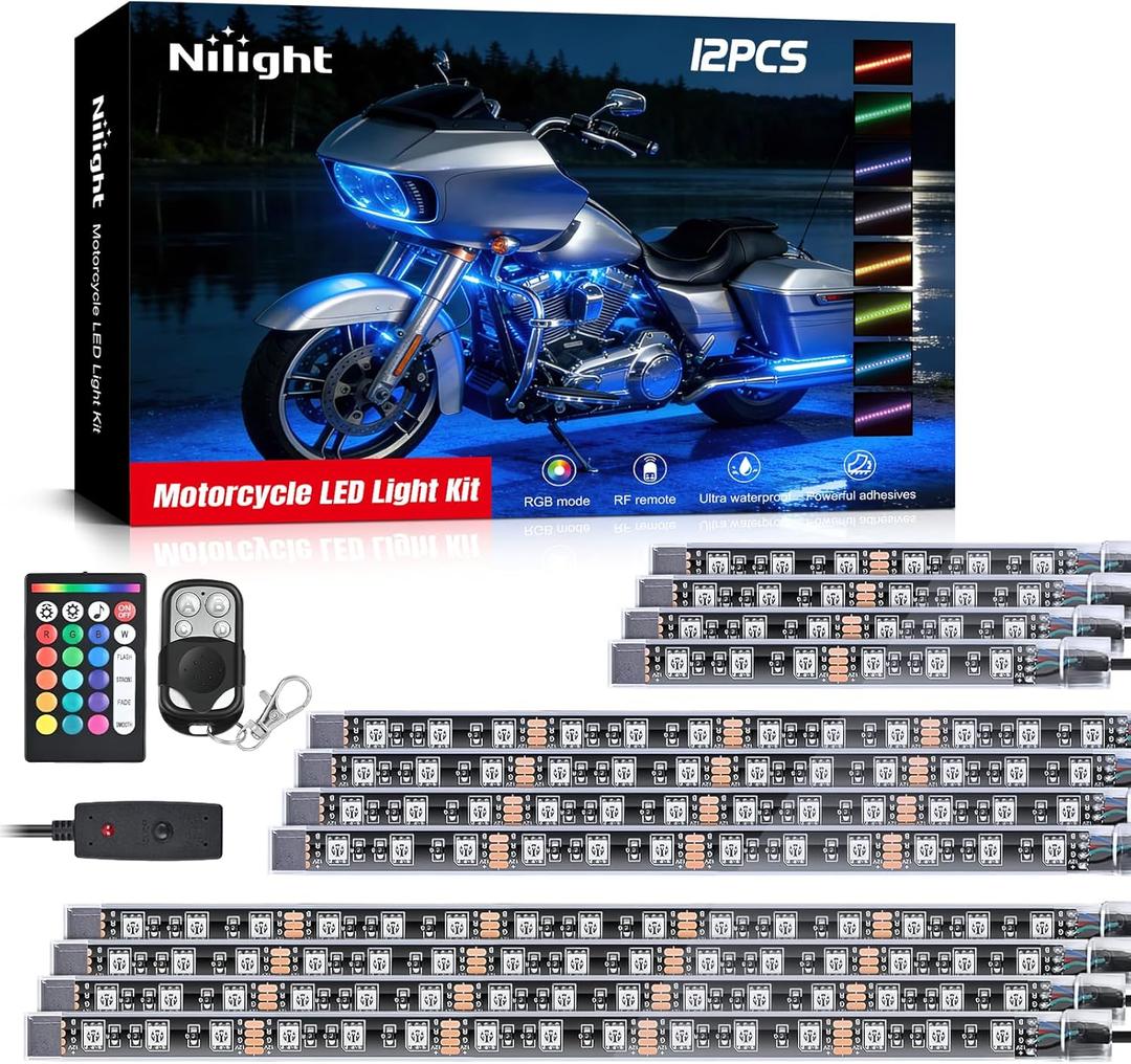 Nilight - TL-35 12PCS Motorcycle RGB Led Light Kit Waterproof Multi-Color Atmosphere Lights Lamp with Dual RF Wireless Remote Controllers for Harley Davidson Honda Kawasaki Suzuki