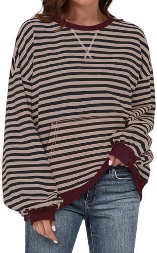 UEU Women Oversized Striped Crewneck Sweatshirt Long Sleeve Color Block Pullover Tops Casual Loose Workout Clothes L