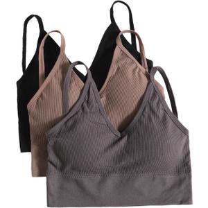 OYOANGLE Women's 3 Pack Ribbed Knit Bras Criss Cross Padded Seamless Wireless Bralettes Small (Black Brown Grey)