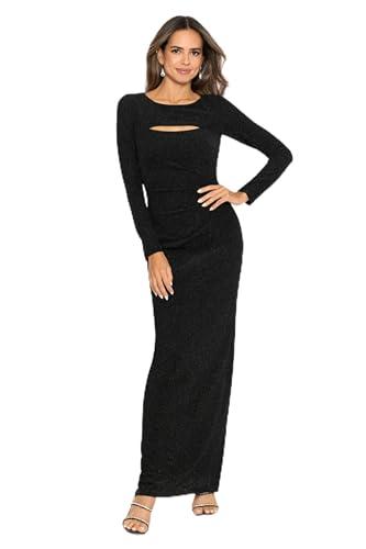 Xscape Women's Long Sleeve Glitter Knit Ruched Back Dress with Side Slit, Black, 16