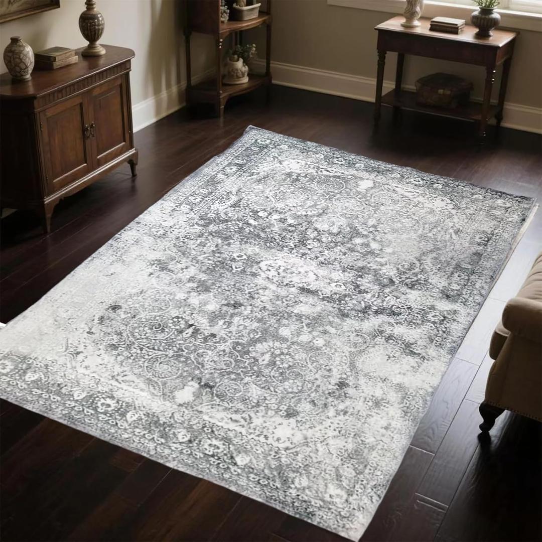 Area Rugs 4x6 for Living Room - Machine Washable Vintage Soft Bedroom Rugs with Rubber Backing - Oriental Large Indoor Floor Carpet for Dining Room Under Table Home Office (Black)