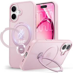 for iPhone 16 Case: with 360 Spin Magnetic Stand, Camera Control Button, Fit for MagSafe, Military Drop Protection, Protective Slim Phone Cover for iPhone 16 with Ring Kickstand, 6.1", Pink