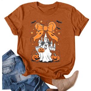 Halloween Shirt for Women Magic Bow Shirts Spooky Season Tshirt Pumpkin Graphic Vacition Short Sleeve Tops (Brown, M)