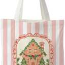 KEUSPI Christmas Tree Gingerbread House Tote Bag for Women, Preppy Christmas Canvas Tote Bag, Pink and White Striped Xmas Ginger Bread Reusable Shopping Grocery Bags