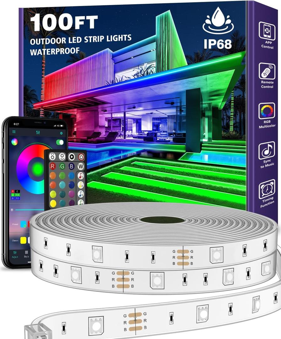 AILBTON 100ft Outdoor LED Strip Lights Waterproof, IP68 Outside Led Light Strips Waterproof with Bluetooth App Remote Control, Music Sync RGB Exterior Led Rope Lights, for Balcony, Deck, Roof, Garden, Pool