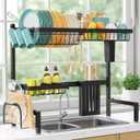 Sakugi Over The Sink Dish Drying Rack - Adjustable 2 Tier Large Capacity Stainless Steel Drainer with Cutlery & Utensil Holders, Kitchen Storage & Organization, 30"-33.9" L x 11" W x 21.5" H, Black, Standard - 3 Baskets