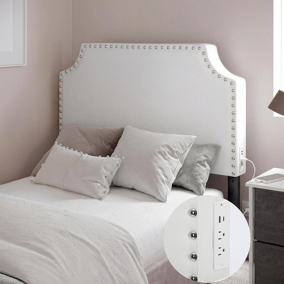 Colingmill 40 Inch Twin Headboard with 2 Outlets White Leather Adjustable Twin Headboard with Nailhead Trim and Curved Shape Bed Head Board for School College Dorm Guest Rooms