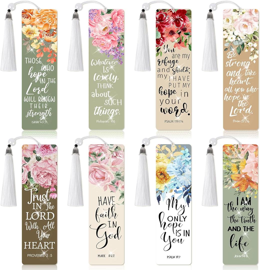 8 Pieces Christian Bible Verse Diamond Art Bookmarks 5d Christian Beaded Bookmark Acrylic Tassel Bookmark for DIY Making Beginners Kids Adults Arts Craft Supplies (Floral Christian)