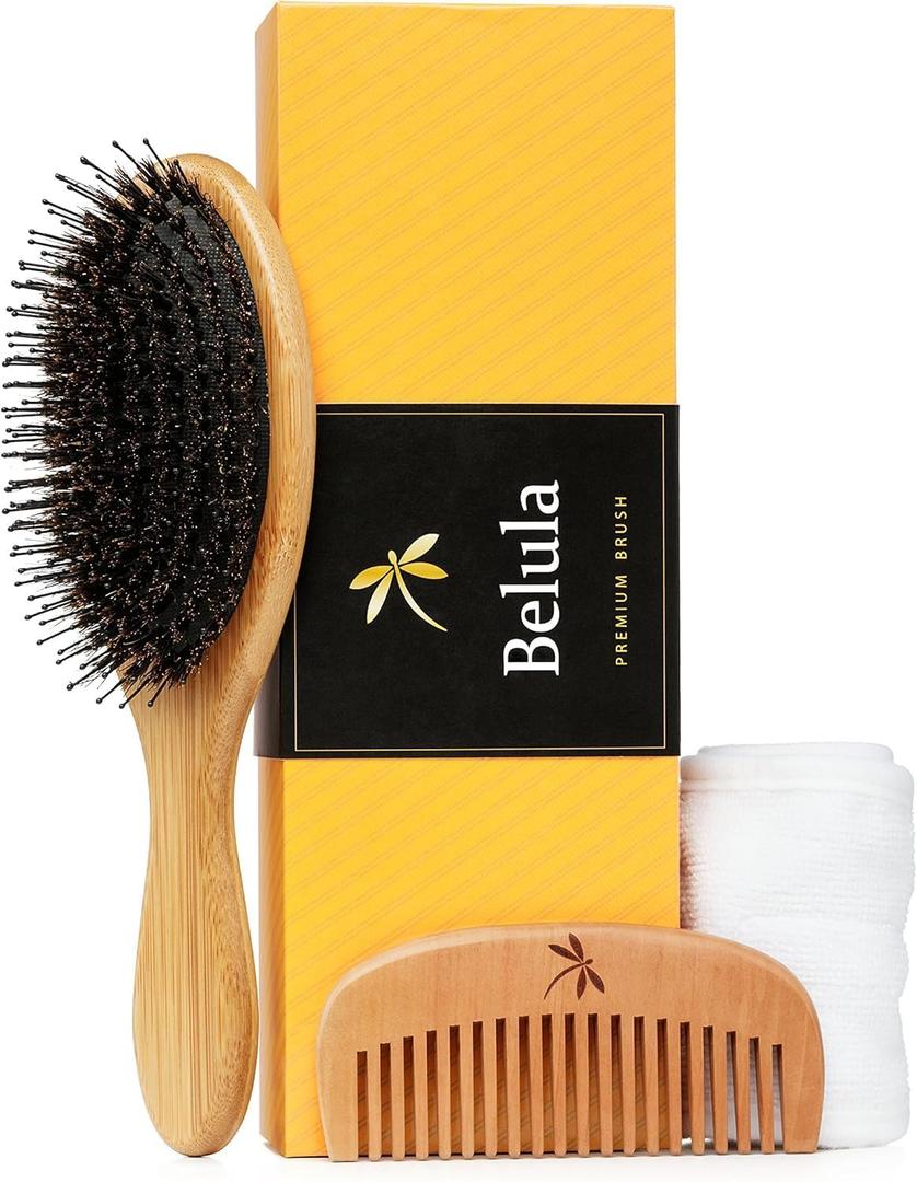 Premium Boar Bristle Hair Brush for Thick Hair Set. Hairbrush for Women With Thick, Long or Curly Hair. Restores Hair's Shine and Health. Comb, Travel Bag & Spa Headband Included (Medium)