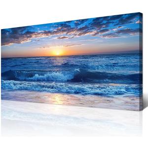 Wapluam Large Canvas Wall Art - Modern Decor for Living Room, Bedroom, Office - Ocean Beach Scene - Blue Sea View - Framed Prints - 24" x 48"