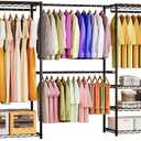 ecobedding Heavy Duty Garment Rack, 1000LBS Max Load Freestanding Closet Organizer with 6 Storage Shelves & 3 Adjustable Hanging Rods, Multifunctional, Glossy Black, 15.75" D x 70-88.5" W x 76.5" H